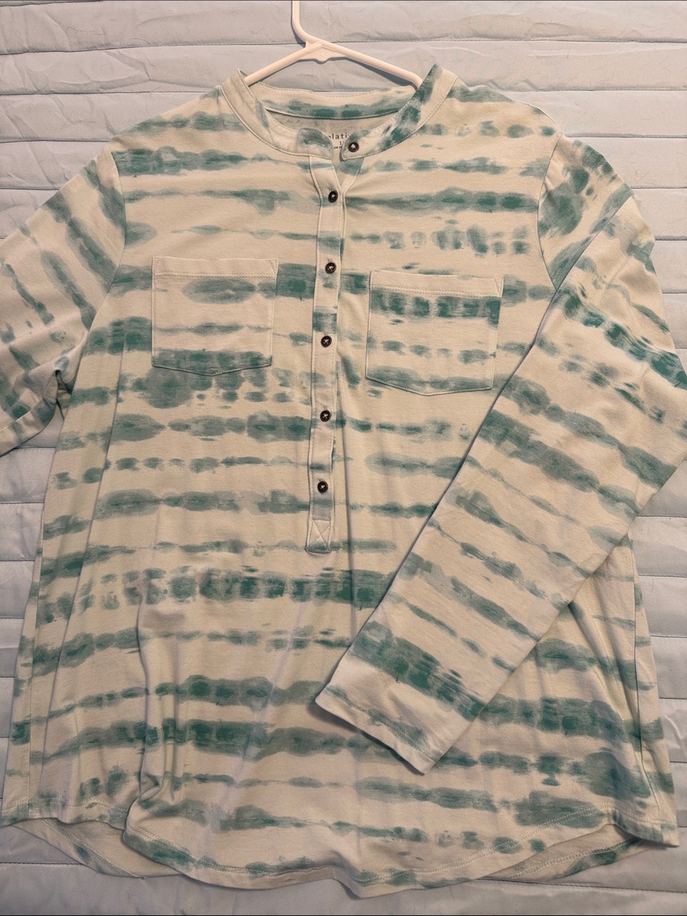 Womans Long-Sleeve Henley Shirt in Teal Tie-Dye 1X